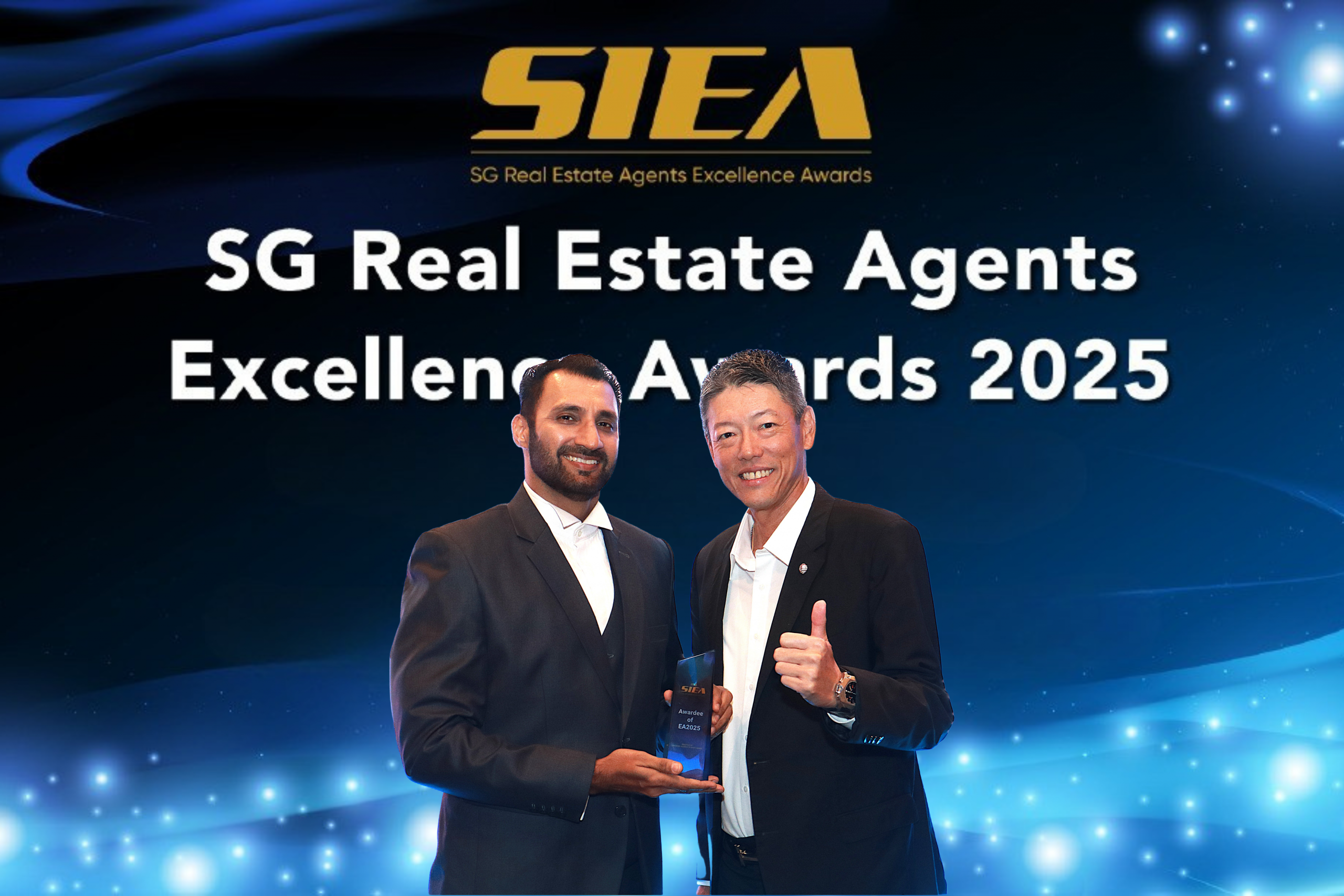 SG Real Estate Excellence Award 2025 – Award Presentation Moment Roger Khera receiving the SG Real Estate Excellence Award 2025 on stage at a formal property industry event